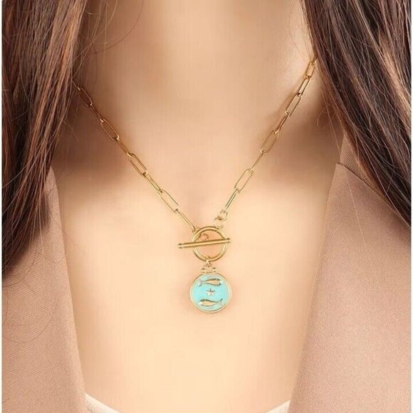 Zodiac Pendant Necklace Waterproof Gold Toggle Clasp Turquoise pendant Necklace - Picture 4 of 16
